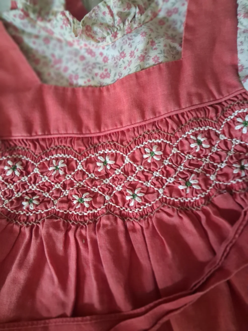 Vintage Polly Flinders Coral Pink Smocked Floral Puff-Sleeve Dress